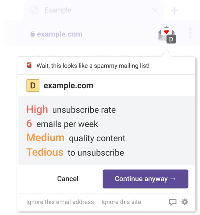Example alert when signing up to a spammy mailing list